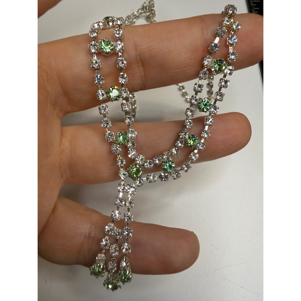 Silver Tone Green and Clear Rhinestone Y-Drop Tassel Necklace Adjustable